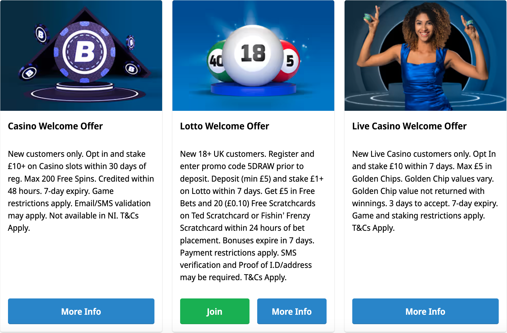 Betfred's casino (stake £10 to get 200 free spins), lotto (stake £1 on lotto to get £5 in free bets and 20 free scratchcards) and live casino (stake £10 to get £5 in golden chips) welcome offers